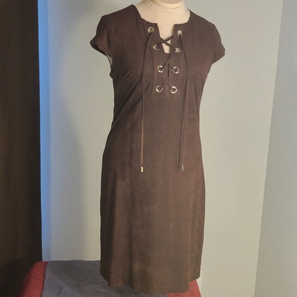 SANDRA DARREN WOMENS BROWN SHORT SLEEVE VEGAN VELVET LACE NECK DRESS - Picture 8 of 13